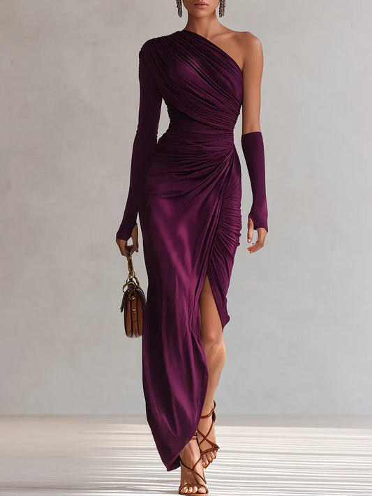 Vestido elegante morado de un solo hombro